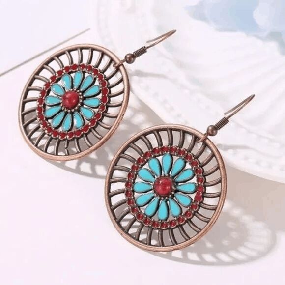 2/$21 Aztec Round Teal Hoop Earrings - Picture 1 of 6